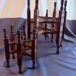 Vintage mid-century Moroccan 6 leg wooden folding side table and matching stand